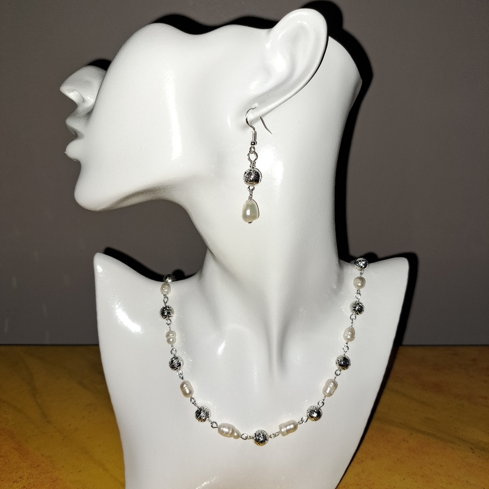Natural Freshwater Pearl and Silver Bead Necklace and Earring Set